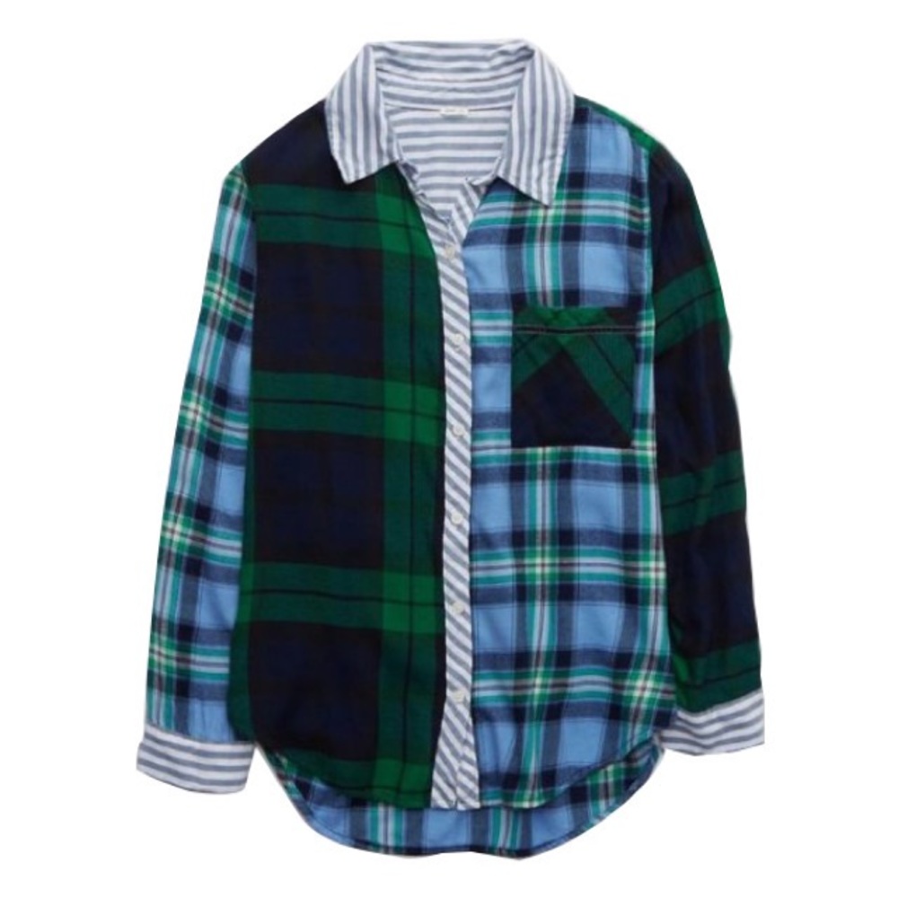 Aerie Long Sleeve Flannel Button Down in Blue and Green